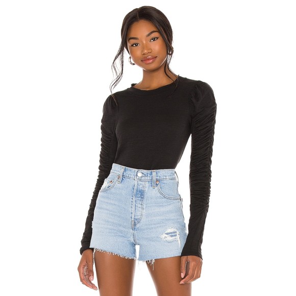 35 M Free People NWT Natasha Tee Raw Neck Ruched Sleeve Slub Jersey Knit Black M - Picture 10 of 10